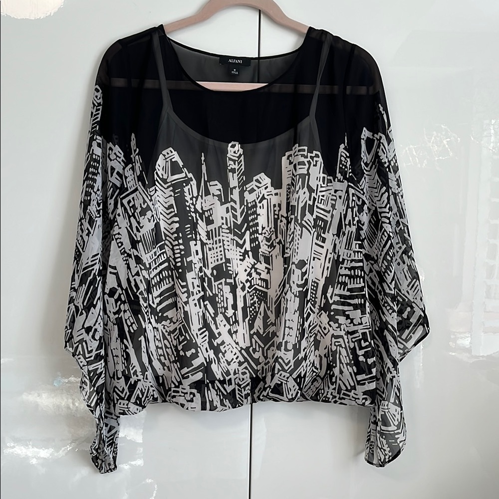 ALFANI NWOT Sheer Black and White City Graphic Flowy Blouse and Tank, Size M
